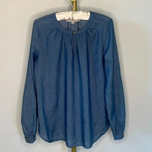 Ann Taylor Loft Denim Chambray Long Sleeve Keyhole Neck Blouse Size S - Picture 1 of 7